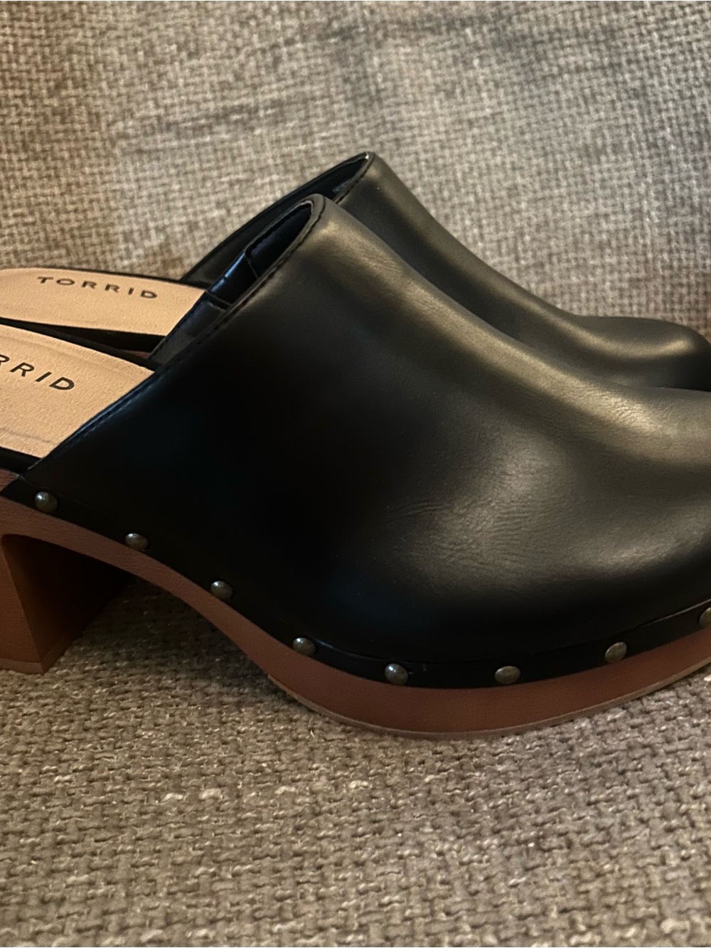 torrid Black Leather Studded Clog Mules with Wood-Tone Platform